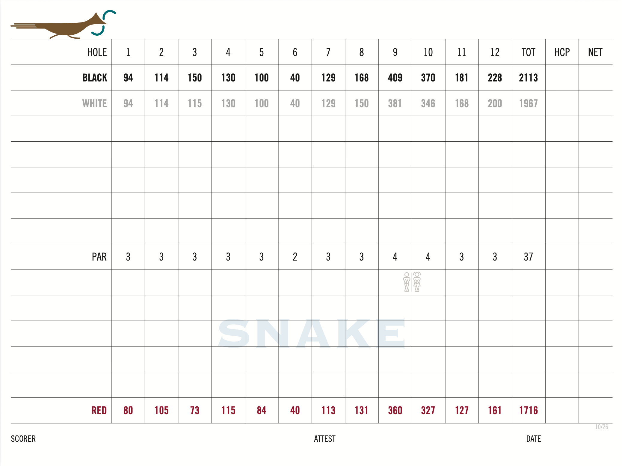 The Snake short course scorecard at Scottsdale Country Club: 12 holes, par 37, with Black, White and Red tee yardages